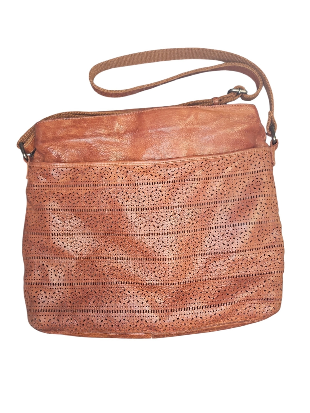 Genicci Leather Laser-Cut Crossbody Bag in Cognac Brown